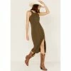 Best Pirce ⭐ Cleo + Wolf 👩 Women's Halter Slit Midi 👗 Dress Olive ✔️