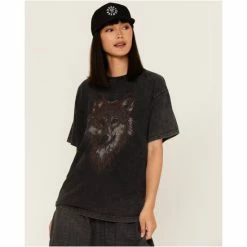 Wholesale 🧨 Cleo + Wolf 👩 Women's Oversized Wolf Graphic Tee Black 🧨