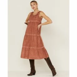 Cheapest ⌛ Cleo + Wolf 👩 Women's Textured Floral Midi 👗 Dress Brick Red 🤩 -Cleo & Wolf SHOP unnamed file 288