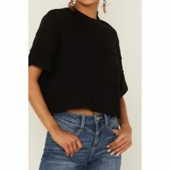 Best Sale 😀 Cleo + Wolf 👩 Women's Boxy Cropped Seamed Tee Black 👍 -Cleo & Wolf SHOP unnamed file 305