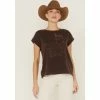 Flash Sale 🔔 Cleo + Wolf 👩 Women's Texas Map Rolled Sleeve Graphic Tee Dark Brown 🤩
