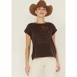 Flash Sale ๐ Cleo + Wolf ๐ฉ Women's Texas Map Rolled Sleeve Graphic Tee Dark Brown ๐คฉ