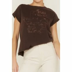 Flash Sale 🔔 Cleo + Wolf 👩 Women's Texas Map Rolled Sleeve Graphic Tee Dark Brown 🤩 -Cleo & Wolf SHOP unnamed file 309