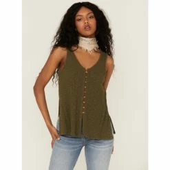 Flash Sale 🎉 Cleo + Wolf 👩 Women's Olive Relaxed Button Front Slub Tank ❤️