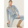 Best Pirce ❤️ Cleo + Wolf 👩 Women's Oversized Plaid Mix Denim Cropped Jacket Light Medium Wash 💯