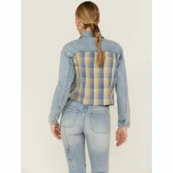 Best Pirce ❤️ Cleo + Wolf 👩 Women's Oversized Plaid Mix Denim Cropped Jacket Light Medium Wash 💯 -Cleo & Wolf SHOP unnamed file 358