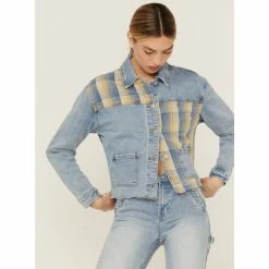 Best Pirce ❤️ Cleo + Wolf 👩 Women's Oversized Plaid Mix Denim Cropped Jacket Light Medium Wash 💯 -Cleo & Wolf SHOP unnamed file 359