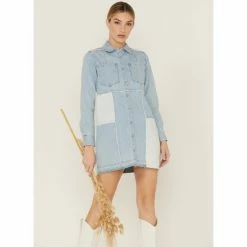 Hot Sale ✨ Cleo + Wolf 👩 Women's Multi Panel Patchwork Denim 👗 Dress Medium Wash 😉