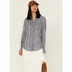 Deals 👏 Cleo + Wolf 👩 Women's Novelty Stripe Button-Down Long Sleeve 👕 Shirt Blue 🥰