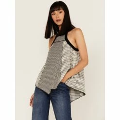 Best Sale โญ Cleo + Wolf ๐ฉ Women's Grid Print Hanky Hem Halter Top Black ๐