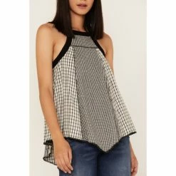 Best Sale ⭐ Cleo + Wolf 👩 Women's Grid Print Hanky Hem Halter Top Black 😍 -Cleo & Wolf SHOP unnamed file 417