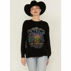 Cheapest 🤩 Cleo + Wolf 👩 Women's Day Dreaming, Day Drinking Graphic Thermal Pullover Sweatshirt Black 😀