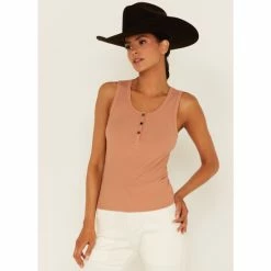 Coupon 👍 Cleo + Wolf 👩 Women's Ribbed Henley Tank Top Beige/khaki 😍