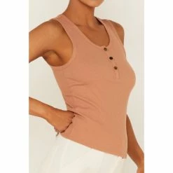 Coupon 👍 Cleo + Wolf 👩 Women's Ribbed Henley Tank Top Beige/khaki 😍 -Cleo & Wolf SHOP unnamed file 461