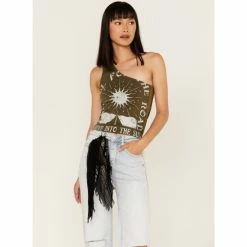 Hot Sale 😀 Cleo + Wolf 👩 Women's Drive Into The Sun Graphic One Shoulder Tank Top Olive 😍