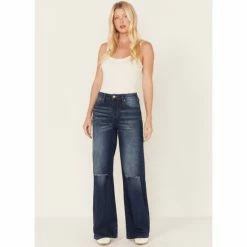Flash Sale 🎁 Cleo + Wolf 👩 Women's Medium Wash High-Rise Distressed Knee Flare 👖 Jeans Blue 👍