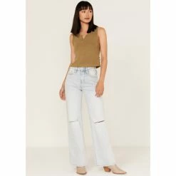 Best Pirce 🧨 Cleo + Wolf 👩 Women's Light Wash High-Rise Distressed Knee Flare 👖 Jeans Blue 👏