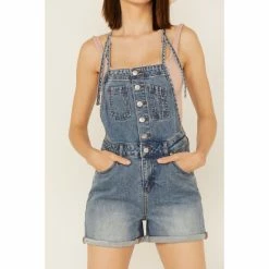 Hot Sale ✨ Cleo + Wolf 👩 Women's Roll Cuff Denim Shortall Medium Wash 👍 -Cleo & Wolf SHOP unnamed file 509