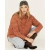 Best Sale 😍 Cleo + Wolf 👩 Women's Plaid Print Oversized Long Sleeve Flannel Button-Down 👕 Shirt Cognac 👍