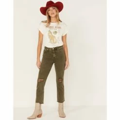 Cheapest 🥰 Cleo + Wolf 👩 Women's Distressed High-Rise Straight 👖 Jeans Olive 🛒