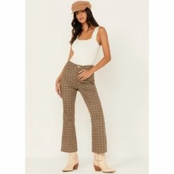 Hot Sale ✨ Cleo + Wolf 👩 Women's High-Rise Plaid Print Flare 👖 Jeans Brown 🎉