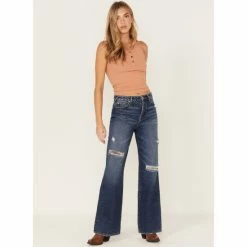 Best reviews of 🔥 Cleo + Wolf 👩 Women's Medium Wash High-Rise Patchwork Distressed Straight 👖 Jeans Dark Wash 🔔