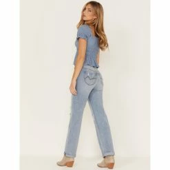 Best Sale 🧨 Cleo + Wolf 👩 Women's Light Wash High-Rise Patchwork Distressed Straight 👖 Jeans Medium Wash 🤩 -Cleo & Wolf SHOP unnamed file 563