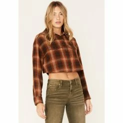 Budget 🔥 Cleo + Wolf 👩 Women's Plaid Print Cropped 👚 Shirt Brown 😀