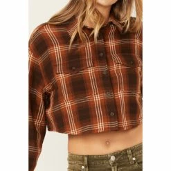 Budget 🔥 Cleo + Wolf 👩 Women's Plaid Print Cropped 👚 Shirt Brown 😀 -Cleo & Wolf SHOP unnamed file 610