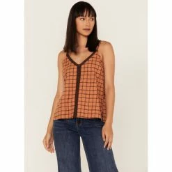 Best Pirce ๐ Cleo + Wolf ๐ฉ Women's Plaid Print Flannel Tank Top Cognac ๐