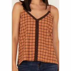 Best Pirce 😍 Cleo + Wolf 👩 Women's Plaid Print Flannel Tank Top Cognac 🎉 -Cleo & Wolf SHOP unnamed file 626