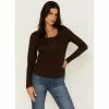 Discount 🎁 Cleo + Wolf 👩 Women's Long Sleeve Henley Top Chocolate 😍