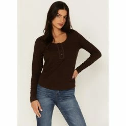 Discount 🎁 Cleo + Wolf 👩 Women's Long Sleeve Henley Top Chocolate 😍