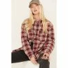 Promo 💯 Cleo + Wolf 👩 Women's Plaid Print Long Sleeve Button-Down Oversized Shacket Ruby 🌟