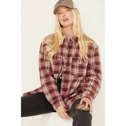 Promo ๐ฏ Cleo + Wolf ๐ฉ Women's Plaid Print Long Sleeve Button-Down Oversized Shacket Ruby ๐