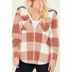 New 👍 Cleo + Wolf 👩 Women's Buffalor Plaid Print Hooded Flannel 👕 Shirt Brown ✨ -Cleo & Wolf SHOP unnamed file 658