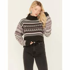 Flash Sale 😉 Cleo + Wolf 👩 Women's Fair Isle Stripe Knit Cropped Sweater Dark Grey 🌟