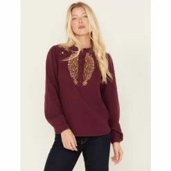 Top 10 🤩 Cleo + Wolf 👩 Women's Floral Embroidered Blouse Grape ❤️