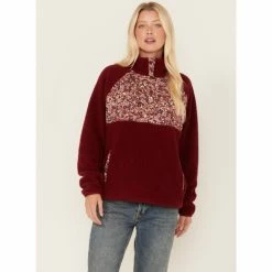 Deals 🥰 Cleo + Wolf 👩 Women's Sherpa Half Button Pullover Burgundy ⌛